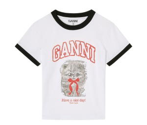 Buy Ganni Cropped Kitty T-shirt White at Sasom – Authentic and Ready to Ship