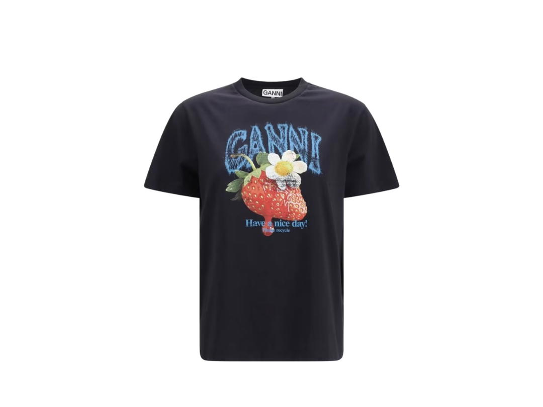 Ganni Ganni Slim Fit Cotton T-shirt Fruit Logo Print Charcoal (Women's)