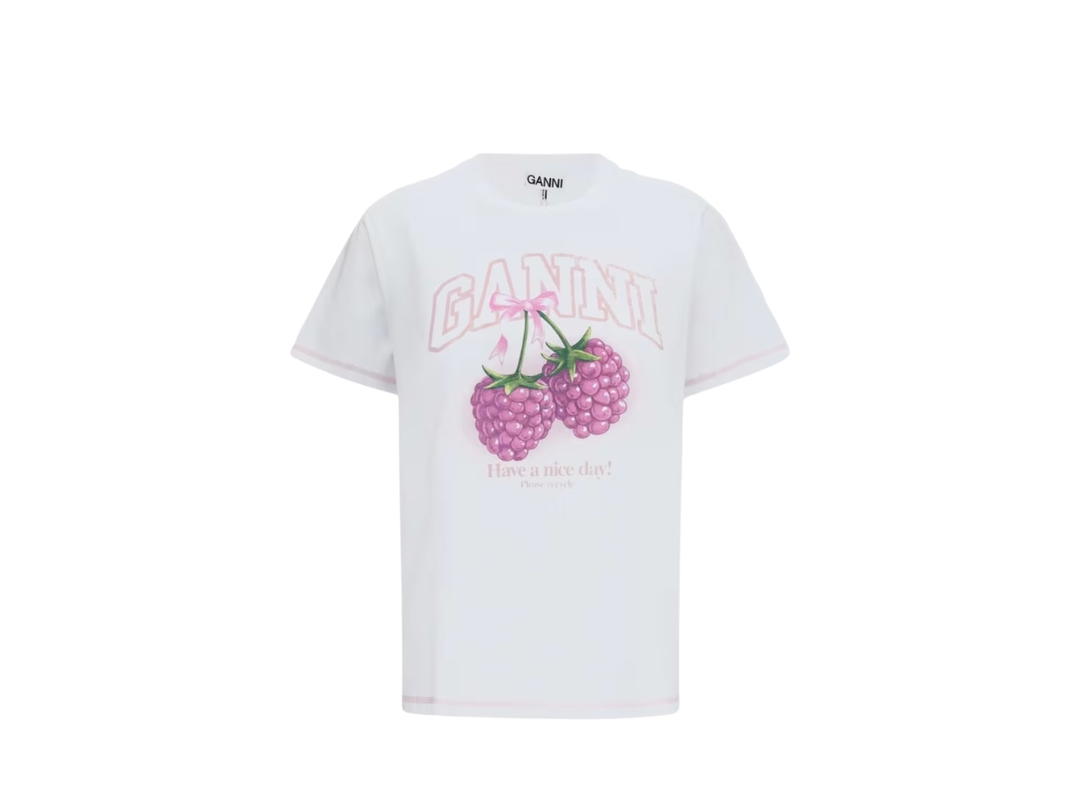 Ganni Ganni Slim Fit T-Shirt Fruit Logo Print White