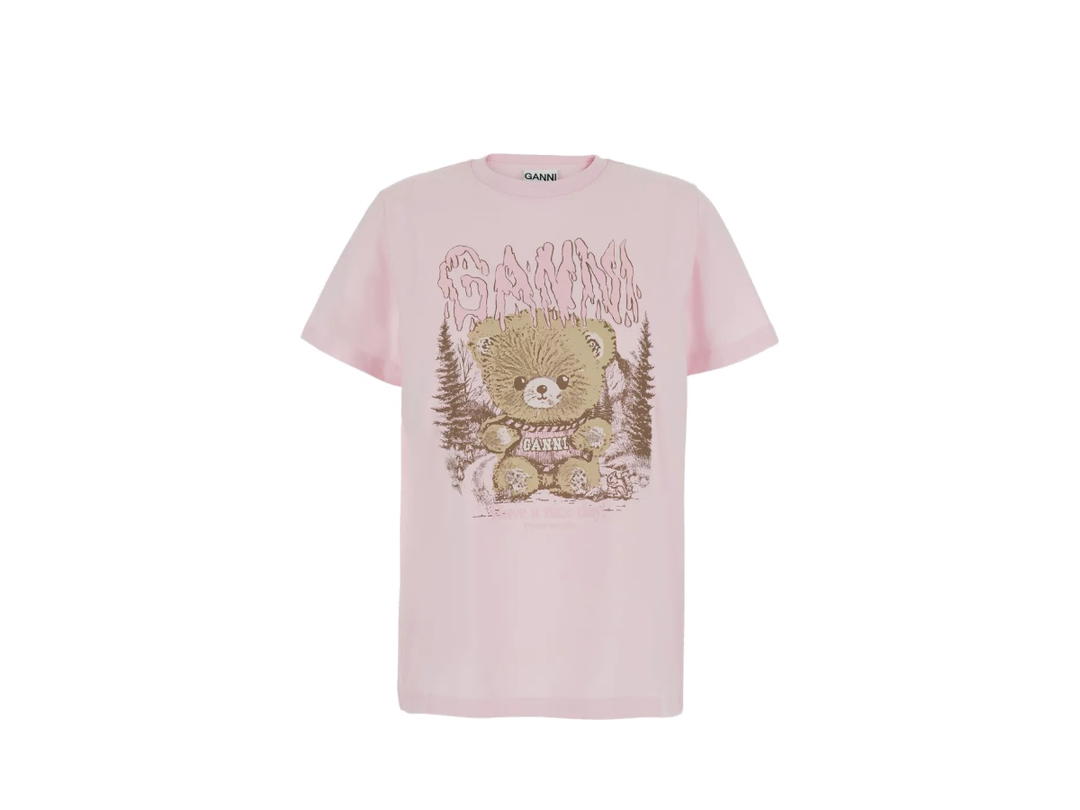 Ganni Ganni Teddy-Print Cotton T-Shirt Pink