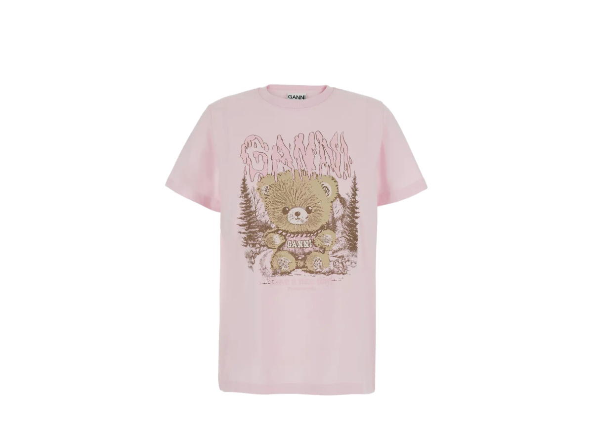 Ganni Ganni Teddy-Print Cotton T-Shirt Pink
