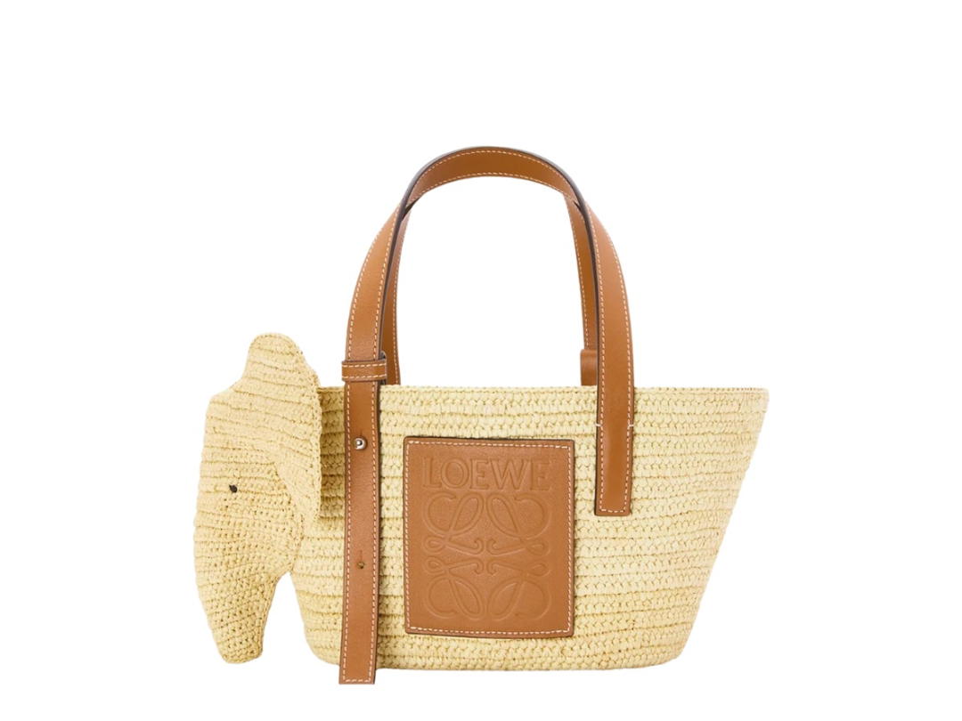 Loewe Loewe Small Elephant Basket Bag In Raffia And Calfskin Natural Tan
