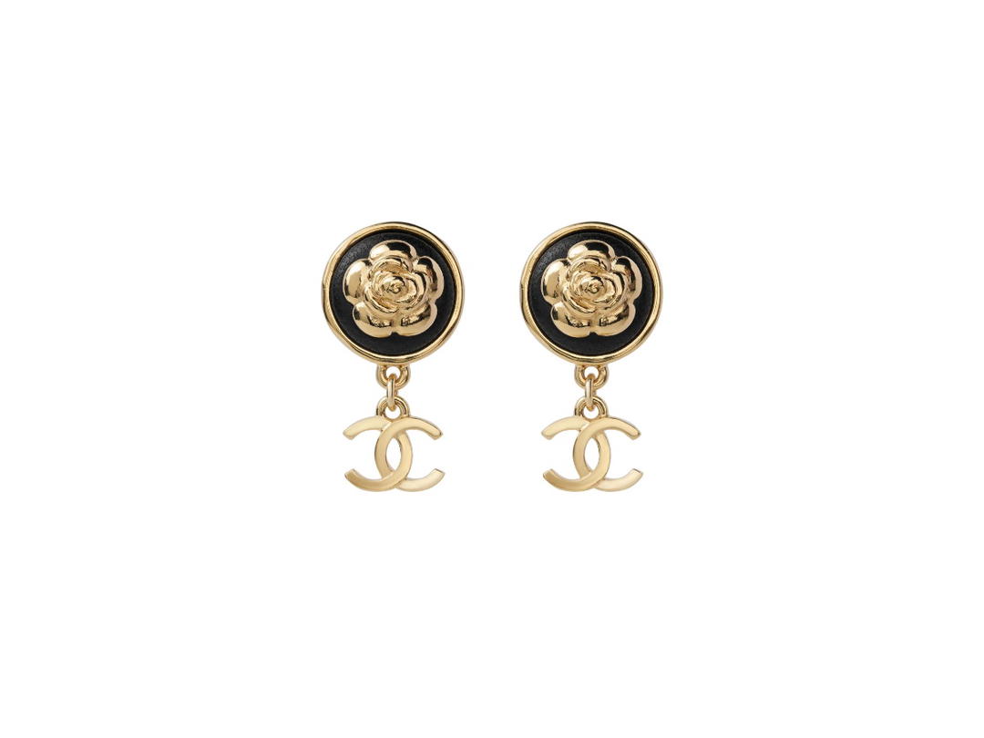 Chanel Chanel Coco Mark Metal and Leather Earrings Gold Black