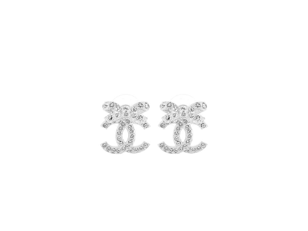 Chanel Chanel Bow Tie CC Logo Earrings Silver