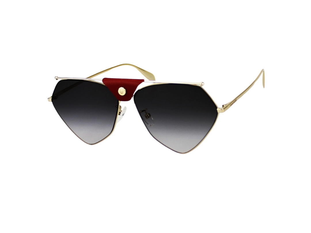 Alexander McQueen Alexander McQueen AM0317S-004-62 Sunglasses In Gold-Metal Frame-Burgandy Flap With Grey Lenses