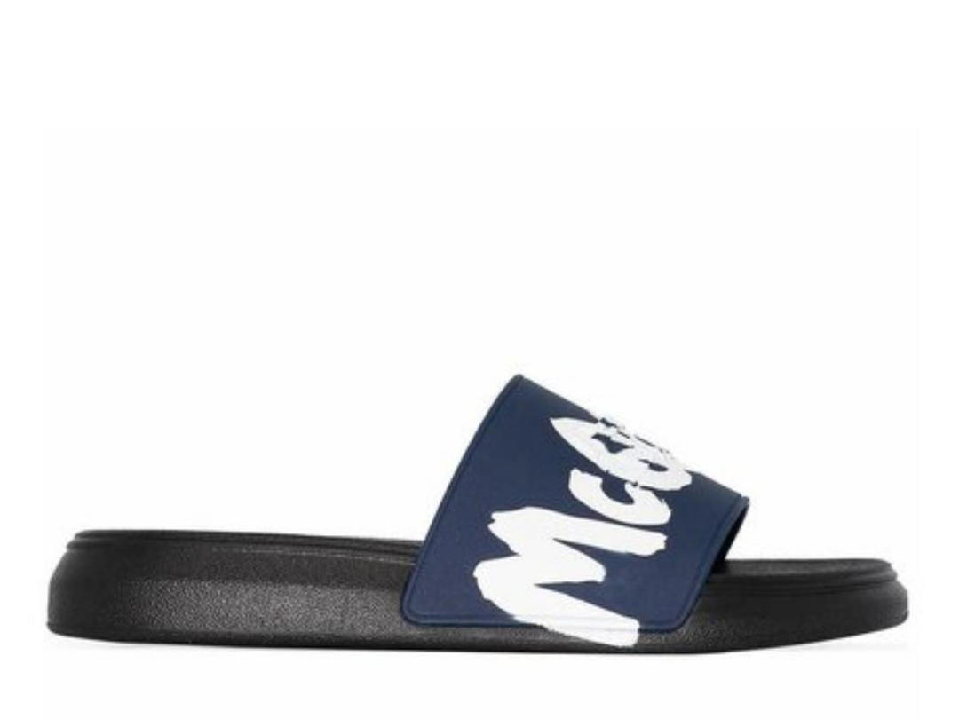 Alexander McQueen Alexander McQueen Graffiti Logo Pool Slide Midnight Petrol And White