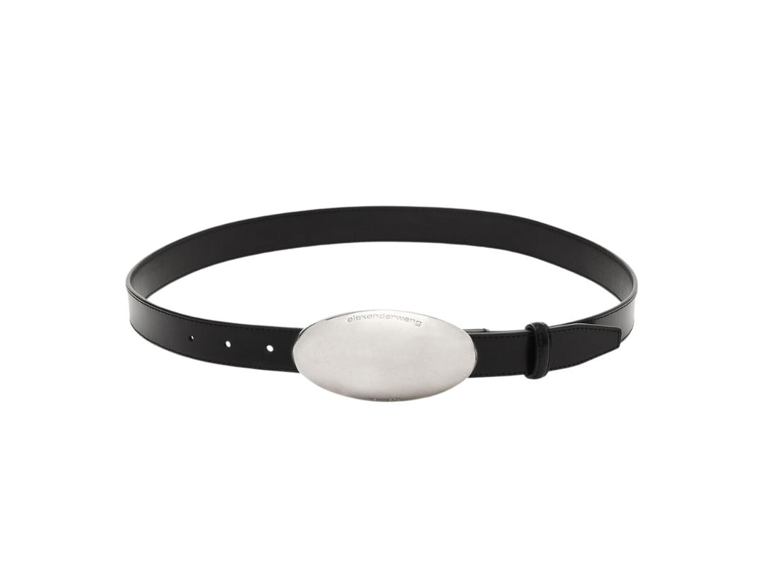 Alexander Wang Alexanderwang Dome Metal Belt In Black Leather With Silver Buckle With Logo Engraving