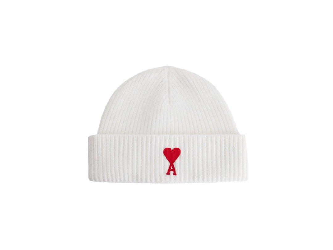 Ami Paris Ami De Coeur Beanie In Felted Wool Off-White Red