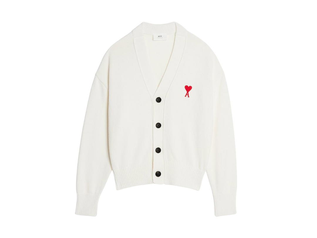 Ami Paris Ami De Coeur Cardigan In Organic Cotton And Wool Blend Natural White-Red