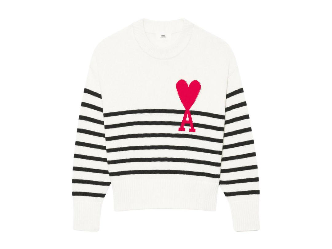 Ami Paris Ami De Coeur Striped Sweater In Organic Cotton And Wool Blend White-Black-Red