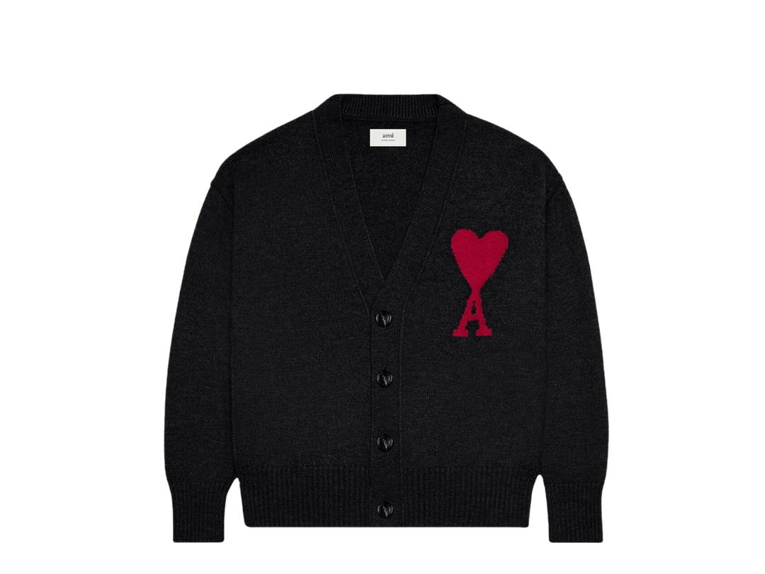 Ami Paris AMI Intarsia-Logo Wool Cardigan Black Red