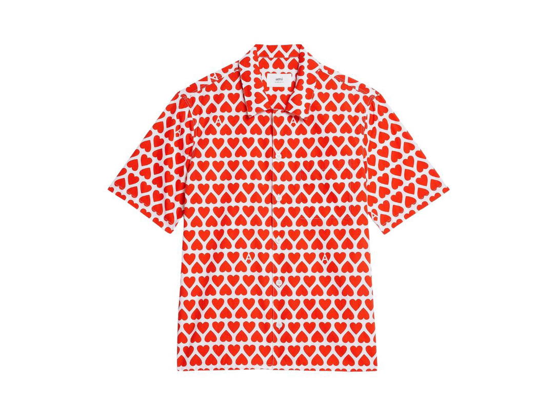 Ami Paris Ami Paris Camp Collar Shirt In Heart Cotton Poplin Scarlet Red-Natural White