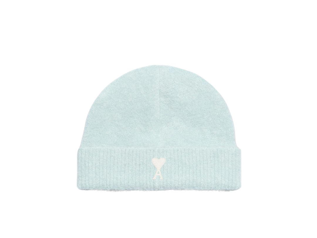 Ami Paris Ami Paris Cloudy Wool Ami De Coeur Beanie In Hairy Alpaga Knit Aquamarine-Ivory