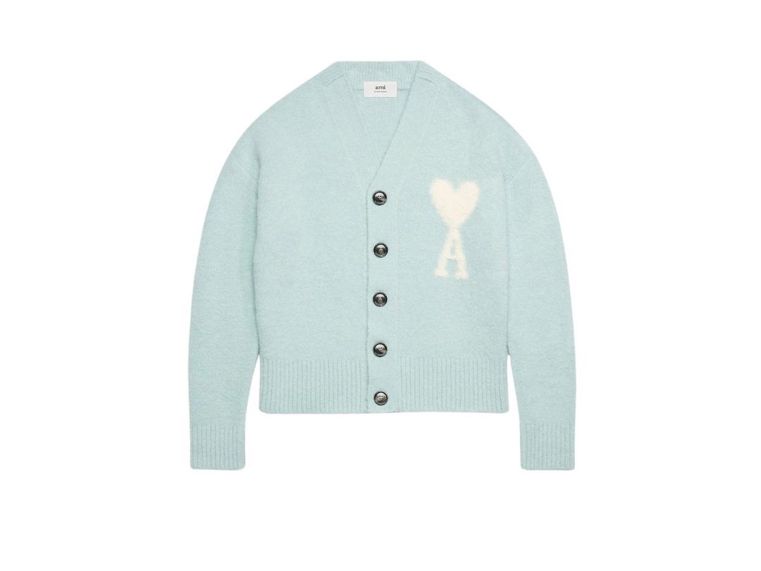 Ami Paris Ami Paris Cloudy Wool Ami De Coeur Cardigan In Hairy Alpaca Knit Aquamarine-Ivory