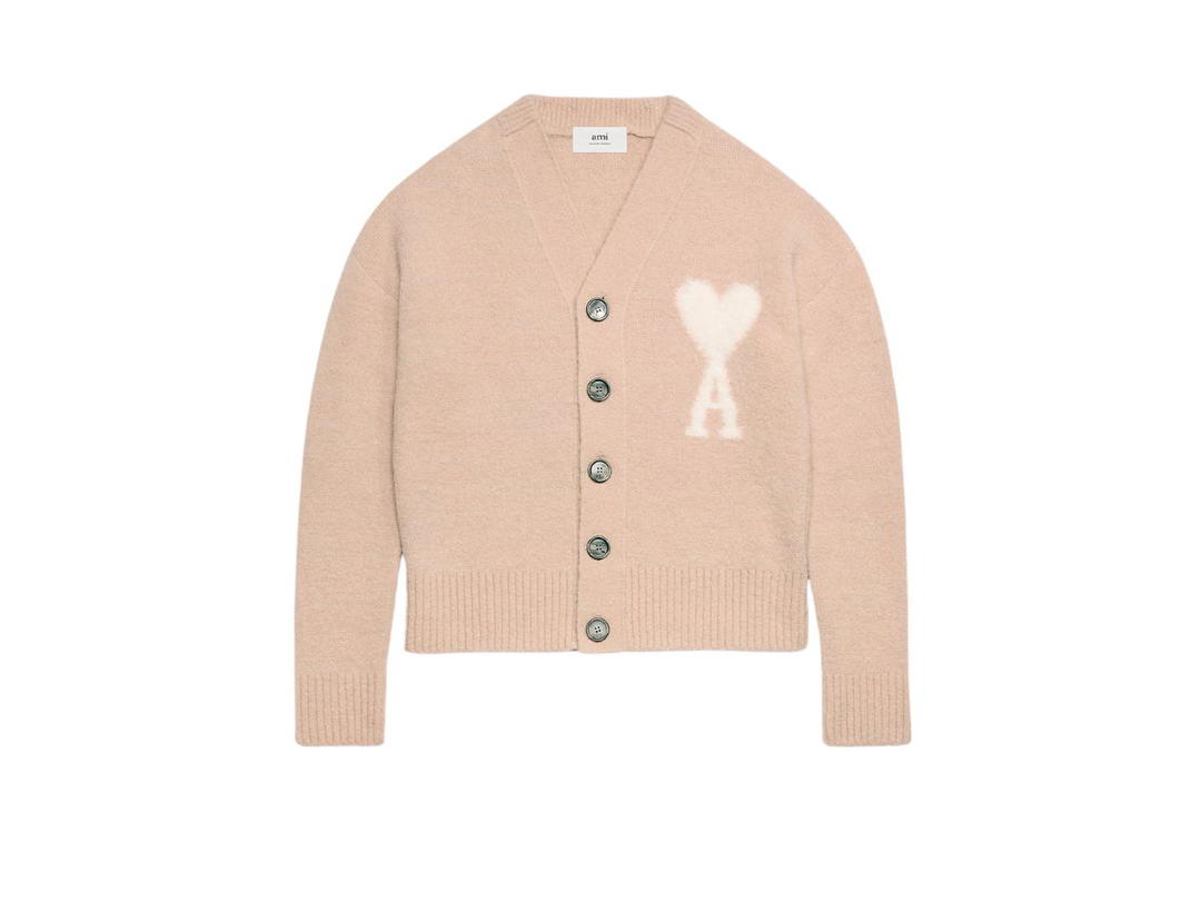 Ami Paris Ami Paris Cloudy Wool Ami De Coeur Cardigan In Hairy Alpaca Knit Powder Pink-Ivory