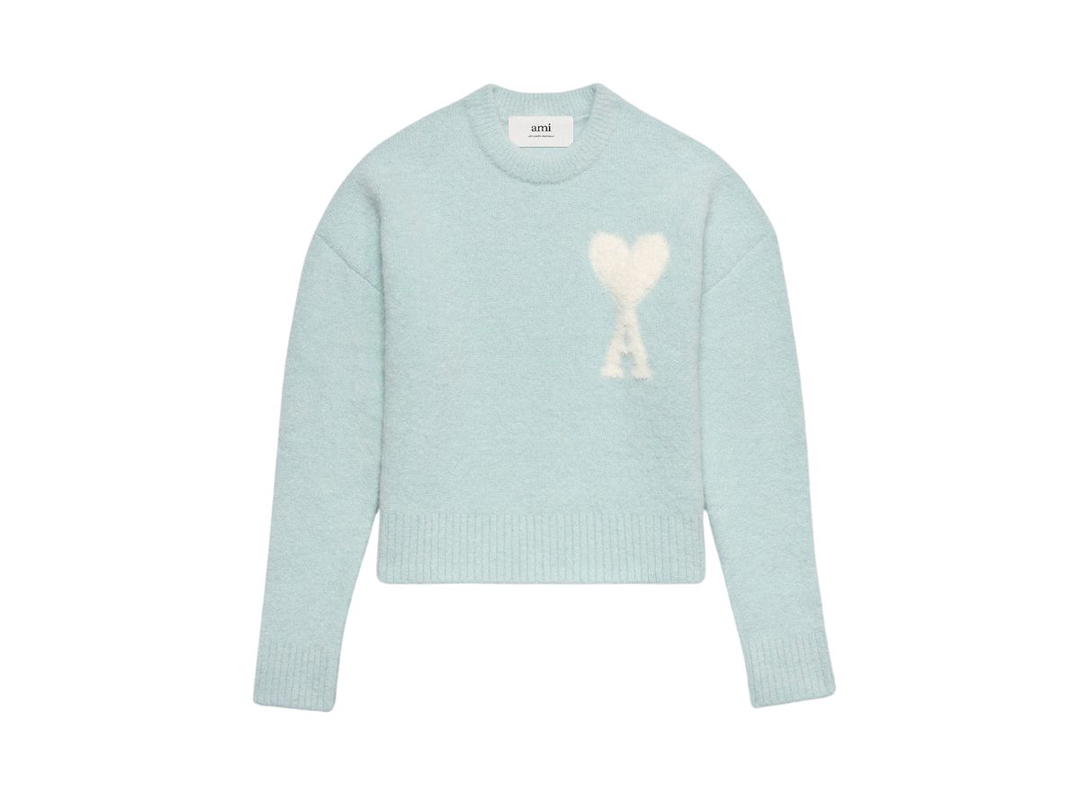 Ami Paris Ami Paris Cloudy Wool Ami De Coeur Sweater In Hairy Alpaca Knit Aquamarine-Ivory