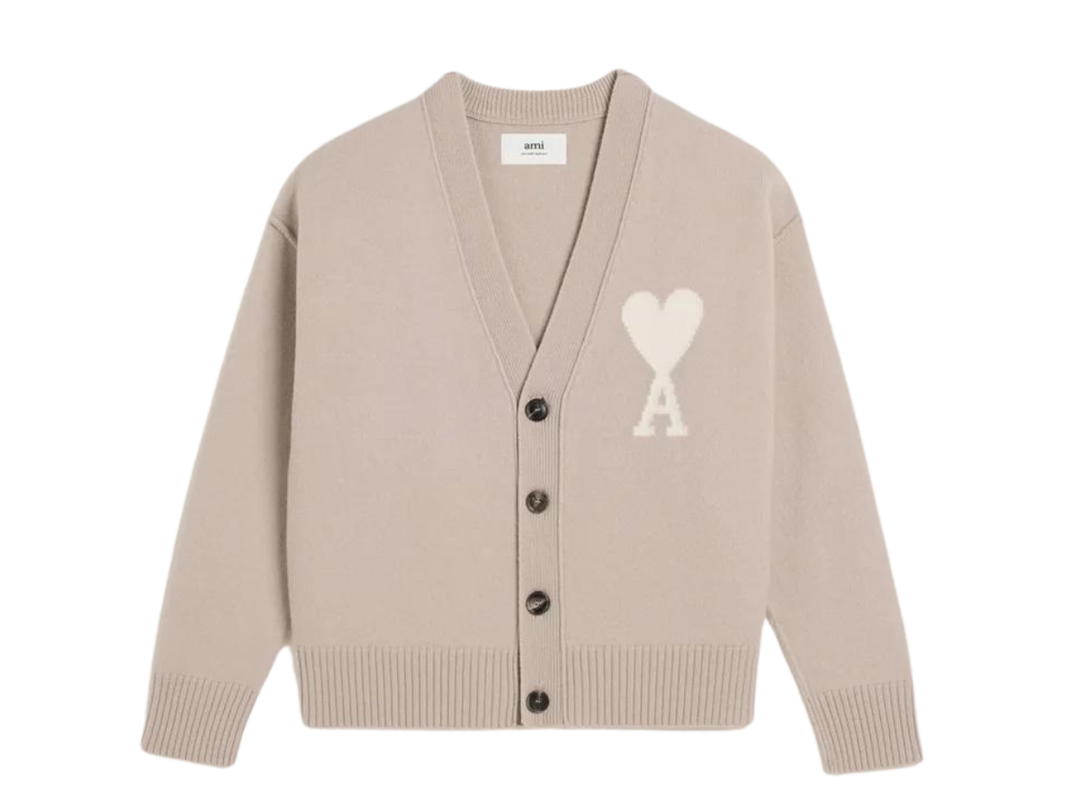 Ami Paris Ami Paris Intarsia-Knitted Off White Ami De Coeur Cardigan In Felted Merino Wool Light Beige Off White