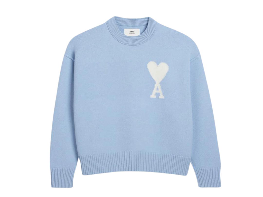 Ami Paris Ami Paris Intarsia-Knitted Off White Ami De Coeur Sweater In Felted Merino Wool Cashmere Blue Off White