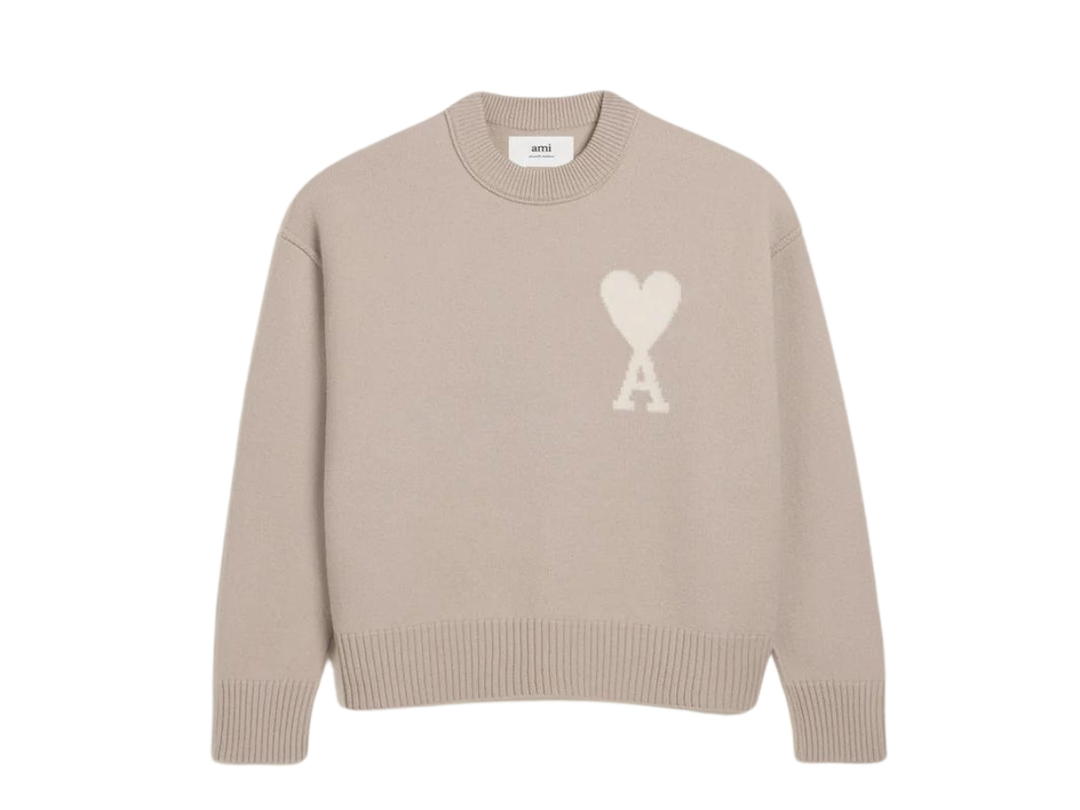 Ami Paris Ami Paris Intarsia-Knitted Off White Ami De Coeur Sweater In Felted Merino Wool Light Beige Off White
