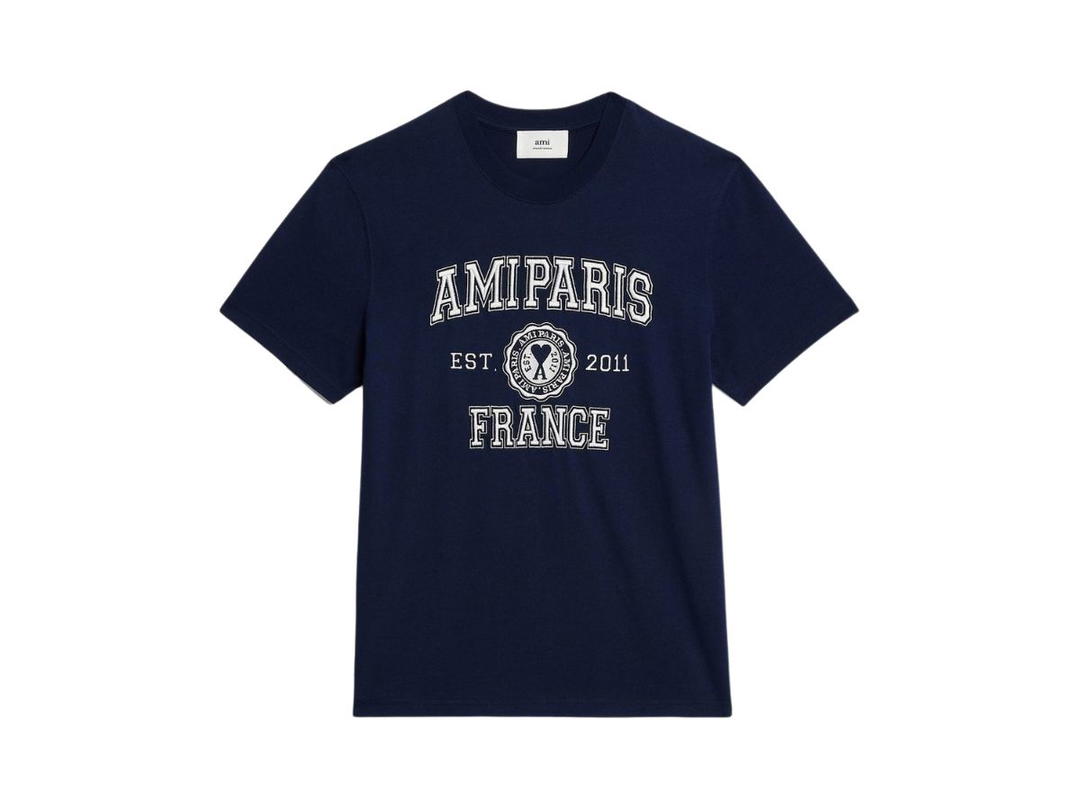 Ami Paris Ami Paris Logo Printed Cotton T-Shirt Navy