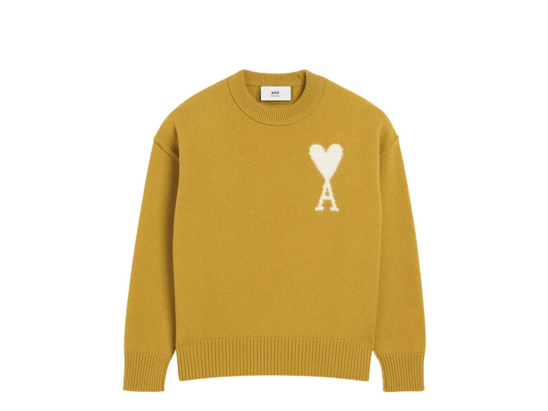 Ami Paris Ami Paris Mustard Wool Ami De Coeur Sweater In Sweater In Felted Merino Wool Havana And Off White