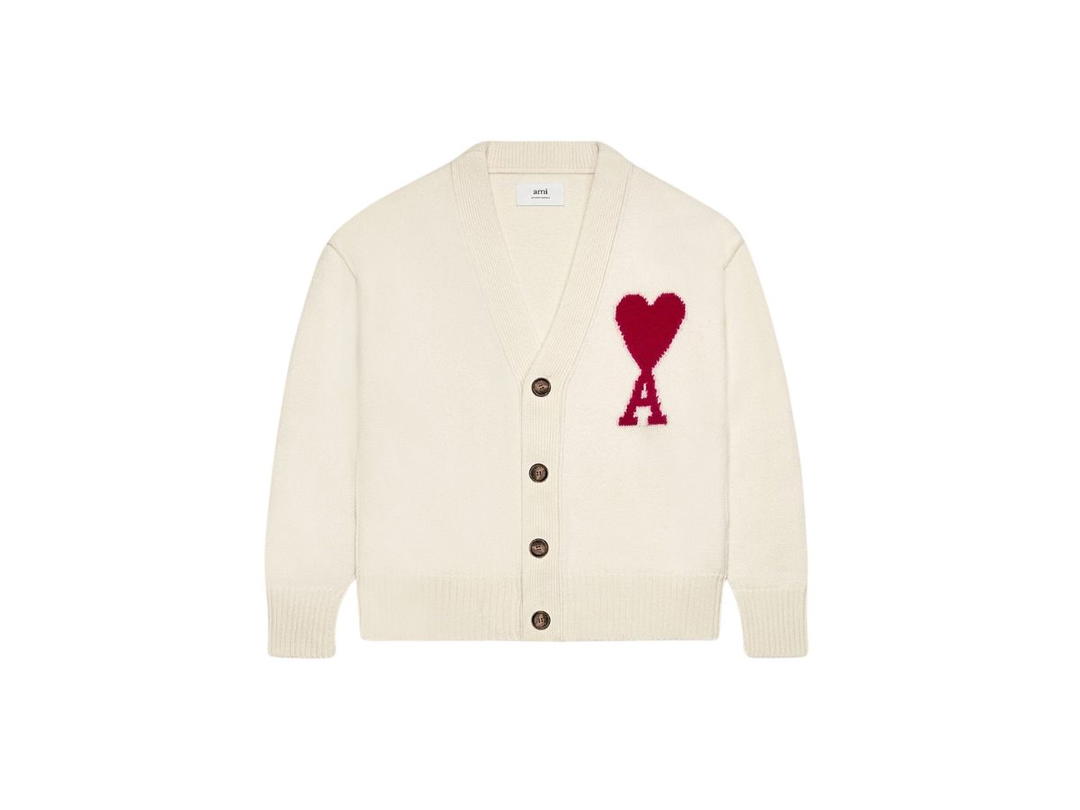Ami Paris Ami Paris Red Ami De Coeur Cardigan In Felted Merino Wool Off-White-Red