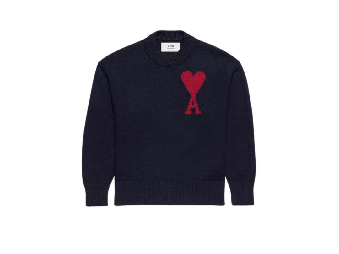 Ami Paris Ami Paris Red Ami De Coeur Sweater In Felted Merino Wool Night Blue
