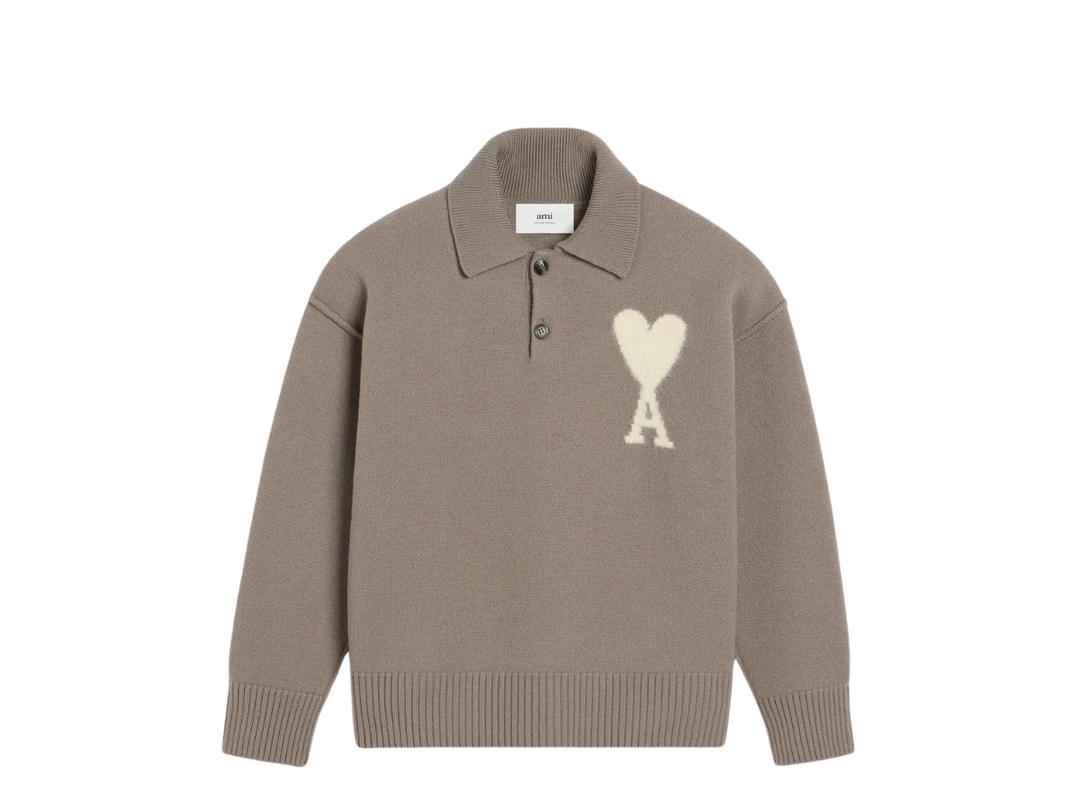 Ami Paris Ami Paris Taupe Wool Ami De Coeur Polo In Polo Felted Merino Wool Ash And Off White