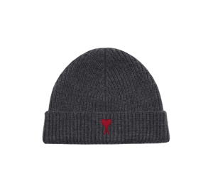 Ami Paris AMI Red Ami De Coeur Beanie Heather Grey Red