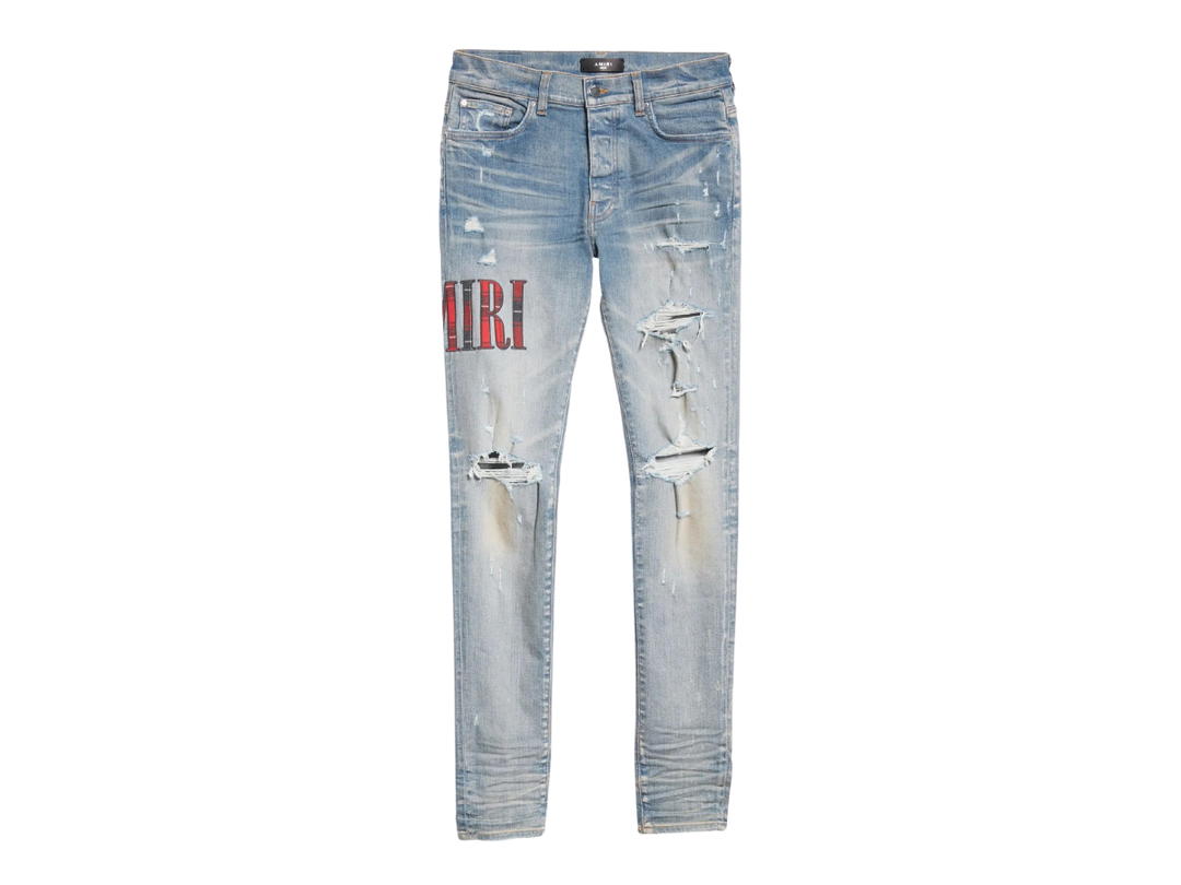 AMIRI AMIRI Flannel Core Applique Distressed Skinny Jeans Clay Indigo