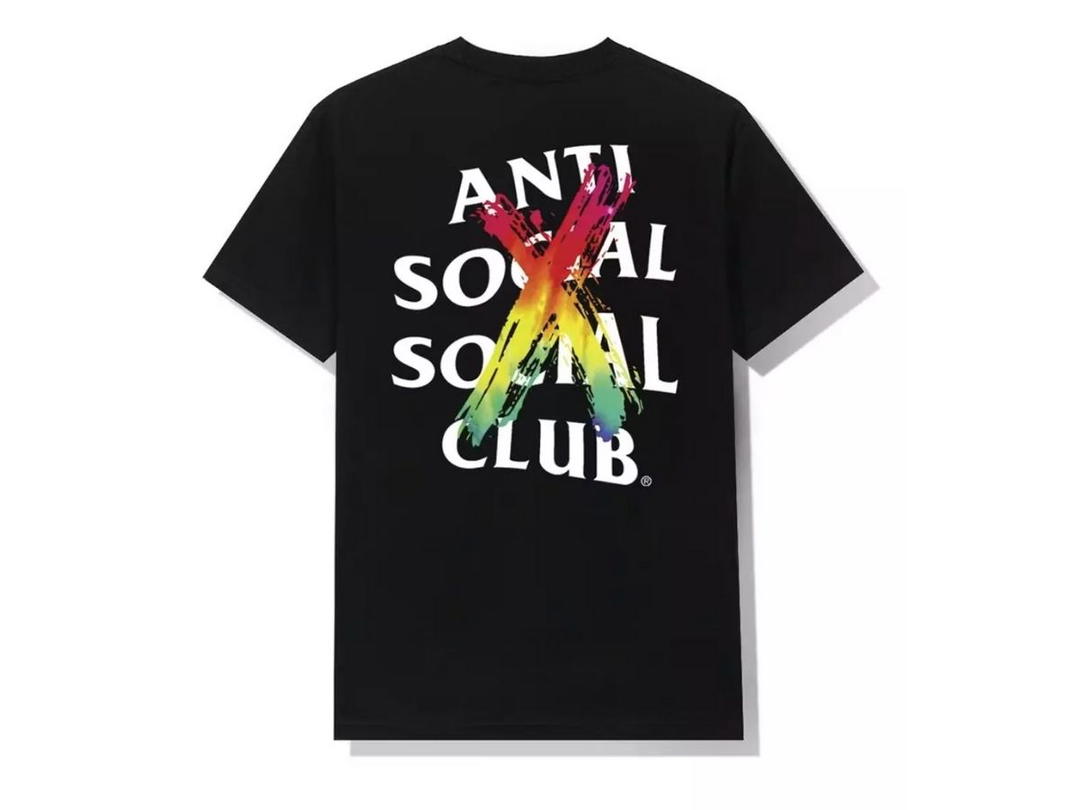 Anti Social Social Club Anti Social Social Club DS AW20 ASSC White Logo Cancelled Rainbow Black Tee in hand
