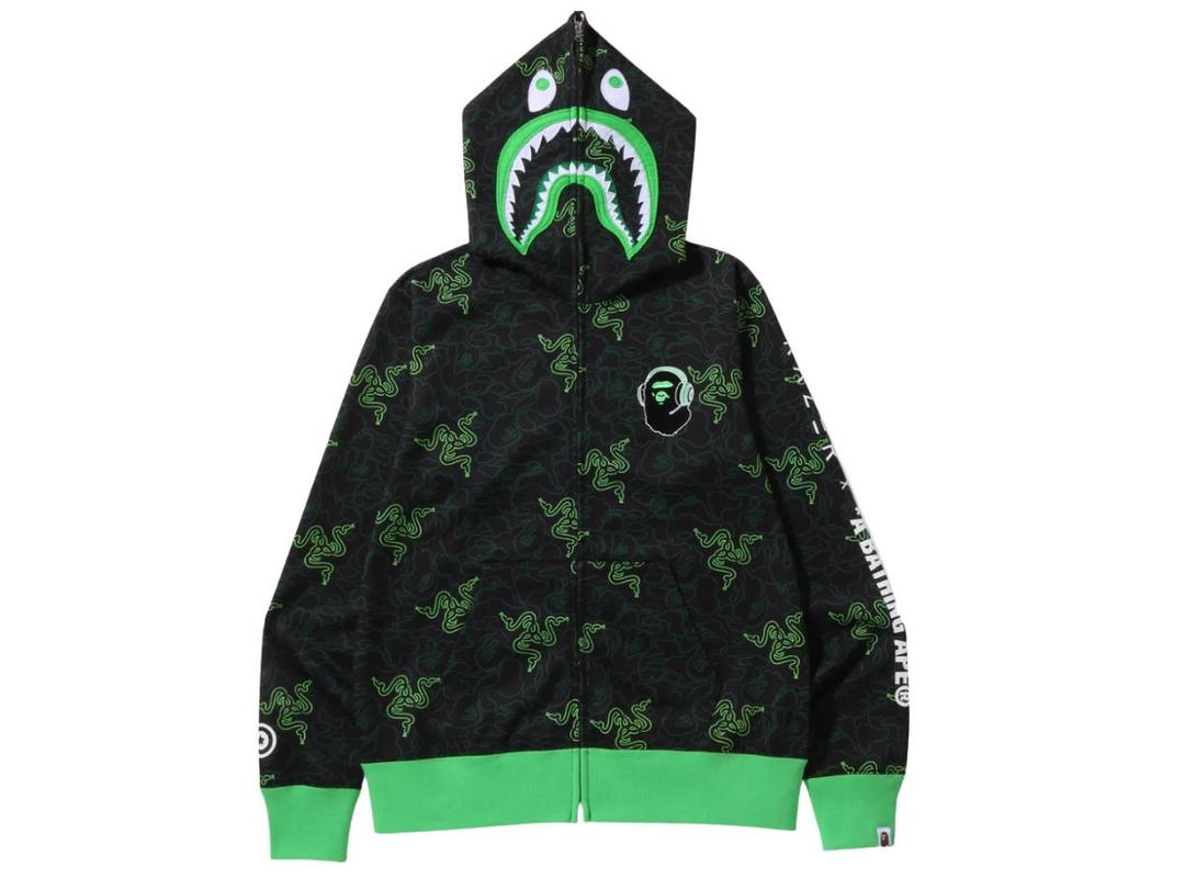 Bape Bape x Razer Neon Camo Shark Full Zip Hoodie Black Green