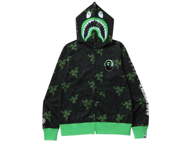 Bape Bape x Razer Neon Camo Shark Full Zip Hoodie Black Green - view 1