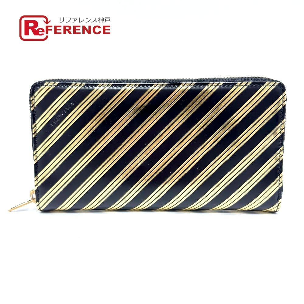 Balenciaga BALENCIAGA 392124 stripe Zip Around Long wallet Leather Black x Gold Unused