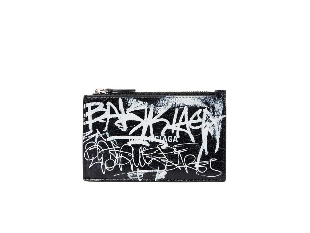 Balenciaga Balenciaga Cash Long Coin And Card Holder Graffiti In Grained Calfskin With Silver Color Hardware Black