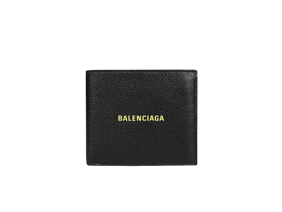 Balenciaga Balenciaga Cash Square Folded Wallet In Grained Calfskin Leather With 8 Card Slot 2 Bill Compartments Black Flourescent Logo