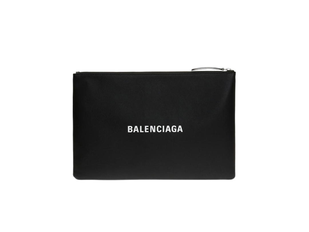 Balenciaga Balenciaga Embossed Logo Everyday Large Clutch In Calfskin Leather With Silver-Tone Hardware Black
