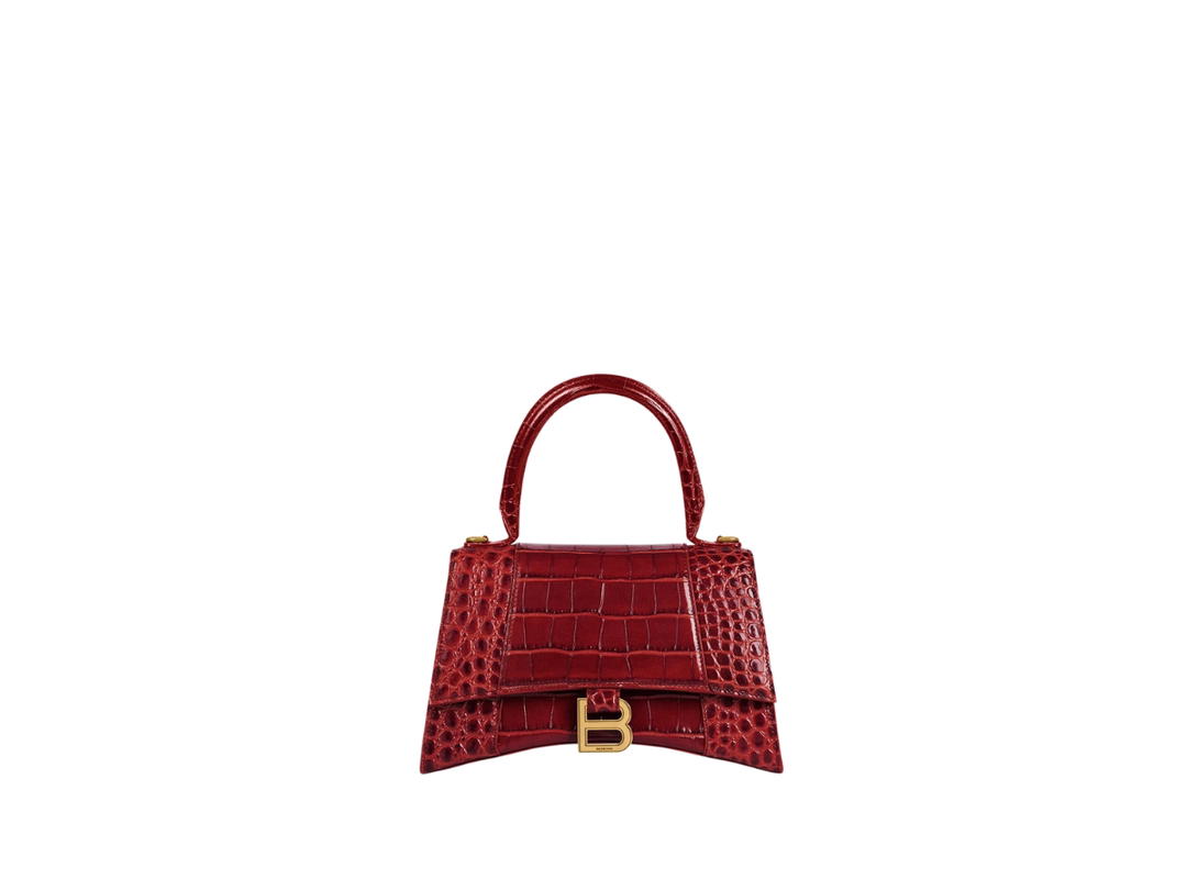 Balenciaga Balenciaga Hourglass Small Handbag In Shiny Crocodile Embossed Calfskin With Aged Gold B Hardware Dark Red