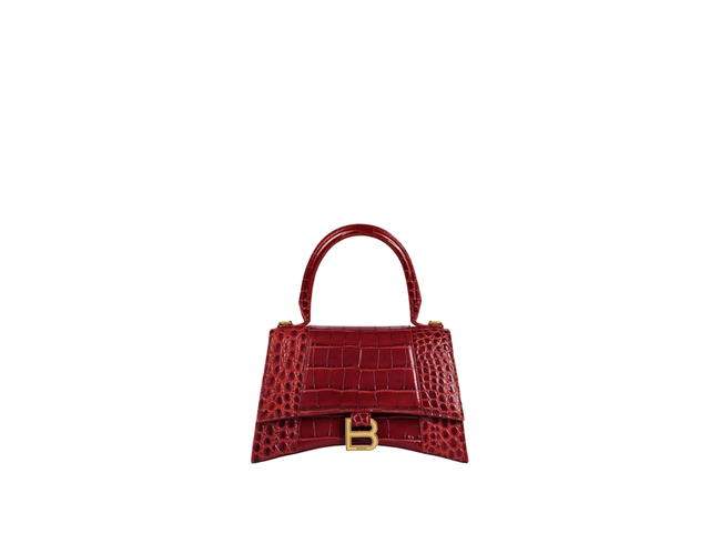 Balenciaga Balenciaga Hourglass Small Handbag In Shiny Crocodile Embossed Calfskin With Aged Gold B Hardware Dark Red - view 1