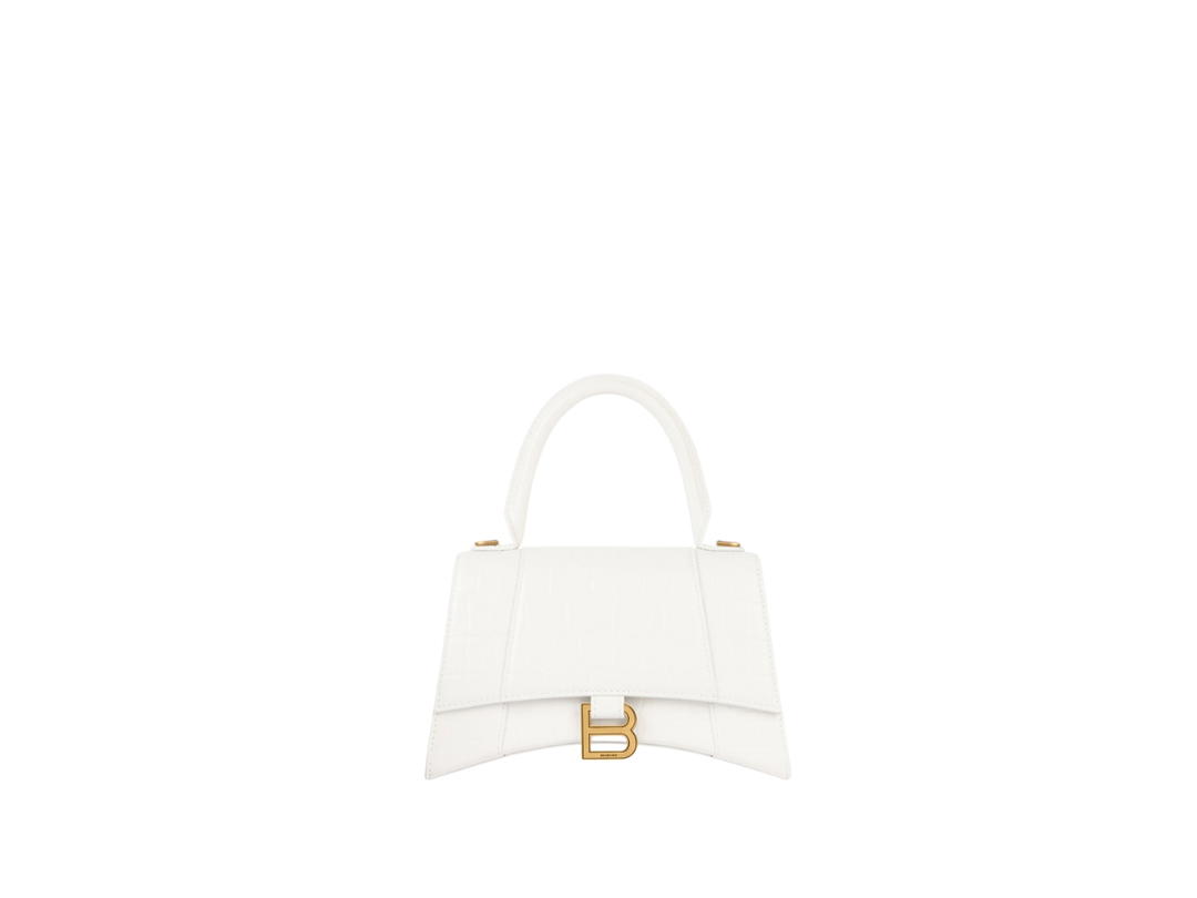 Balenciaga Balenciaga Hourglass Small Handbag In Shiny Crocodile Embossed Calfskin With B Logo Aged-Gold Hardware White