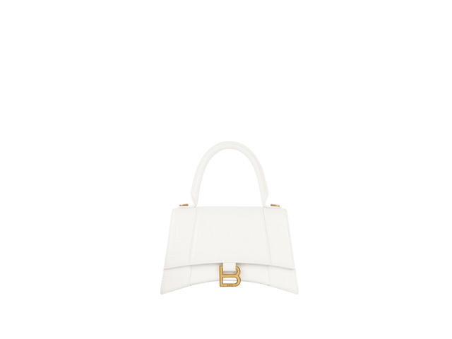Balenciaga Balenciaga Hourglass Small Handbag In Shiny Crocodile Embossed Calfskin With B Logo Aged-Gold Hardware White - view 1