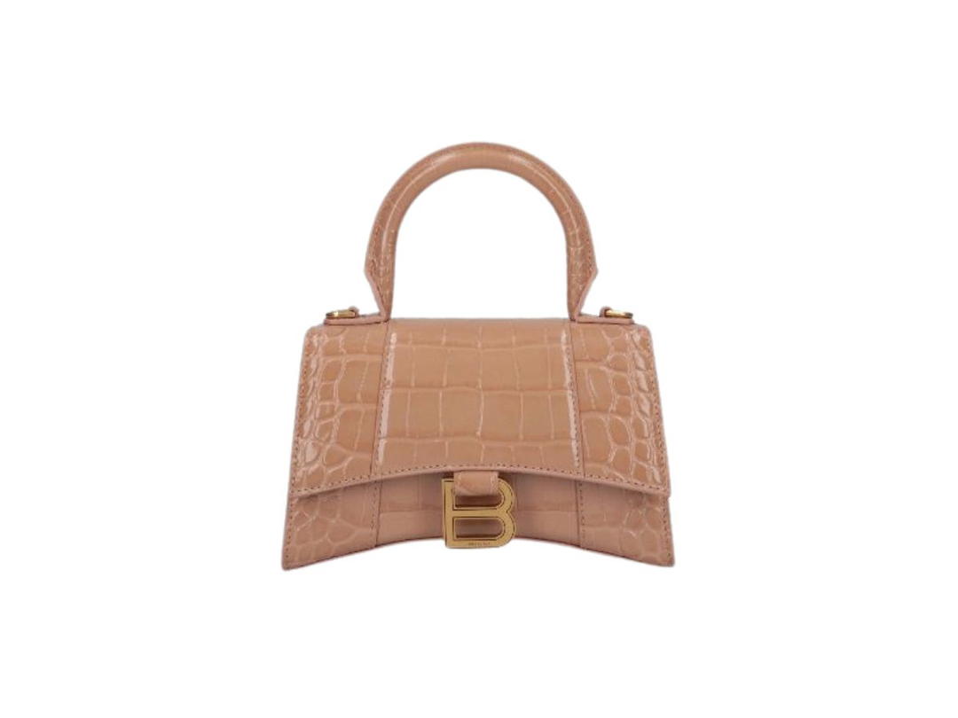 Balenciaga Balenciaga Hourglass XS Handbag In Beige Crocodile Embossed Calfskin With Aged-Gold B Logo Hardware