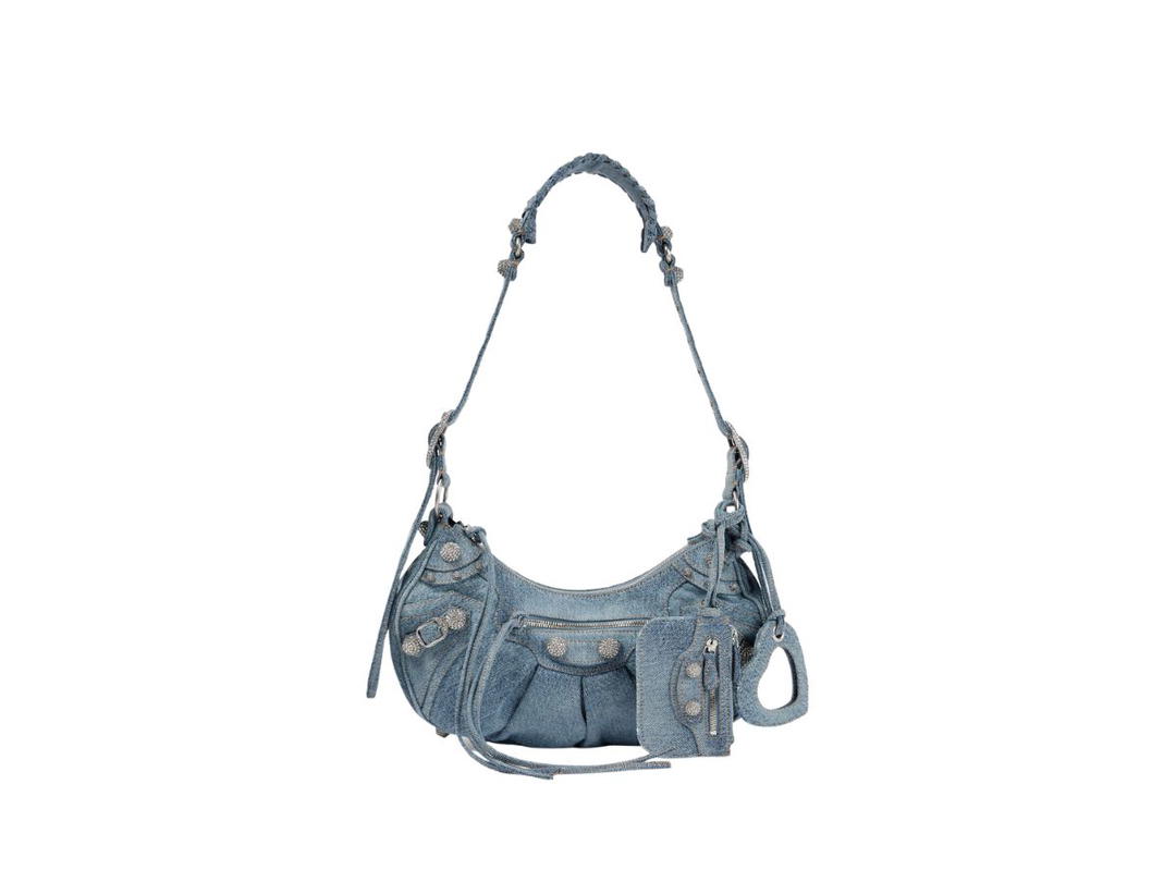 Balenciaga Balenciaga Le Cagole Small Shoulder Bag In Blue Washed And Frayed Denim With Aged-Silver Hardware And Rhinestones