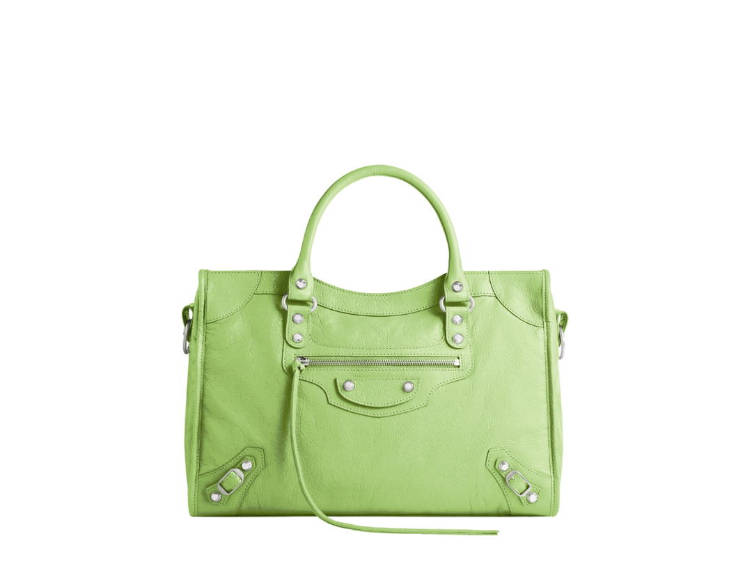 Balenciaga Balenciaga Le City Medium Bag In Green Arena Lambskin With Shiny Silver Hardware