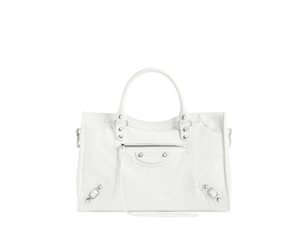 Balenciaga Balenciaga Le City Medium Bag In White Arena Lambskin With Shiny Silver Hardware