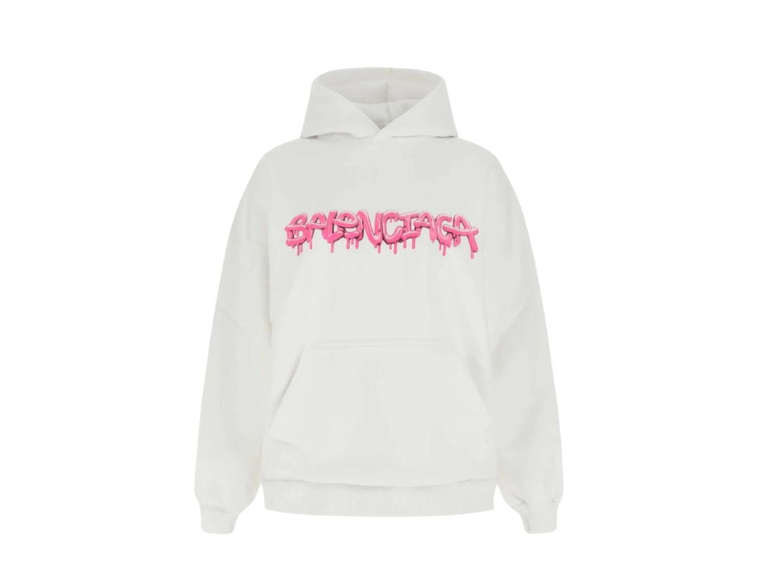 Balenciaga Balenciaga Logo Print Ribbed Hem Hoodie White-Pink