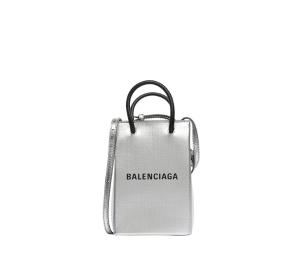 Buy Balenciaga Logo Shopping Phone Holder Bag In Metallic Textured Calfskin Silver at Sasom – Authentic and Ready to Ship