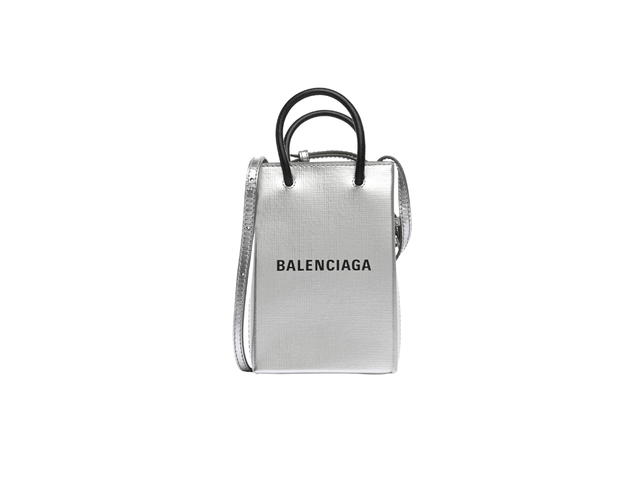 Balenciaga Balenciaga Logo Shopping Phone Holder Bag In Metallic Textured Calfskin Silver - view 1