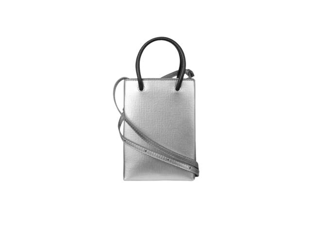 Balenciaga Balenciaga Logo Shopping Phone Holder Bag In Metallic Textured Calfskin Silver - view 2