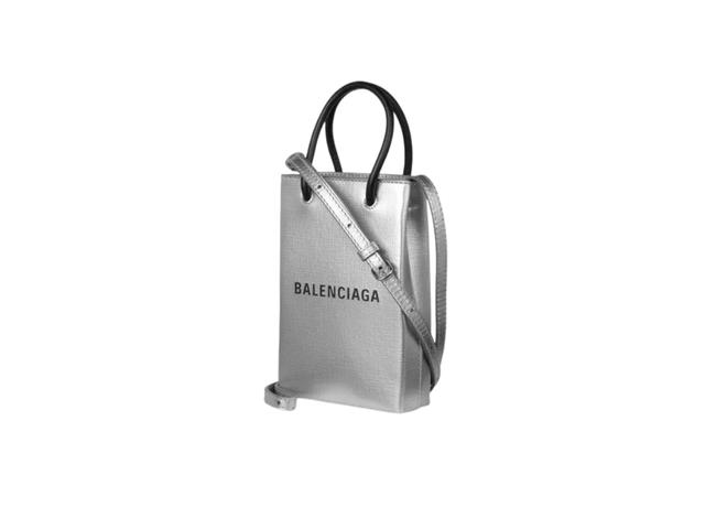 Balenciaga Balenciaga Logo Shopping Phone Holder Bag In Metallic Textured Calfskin Silver - view 3